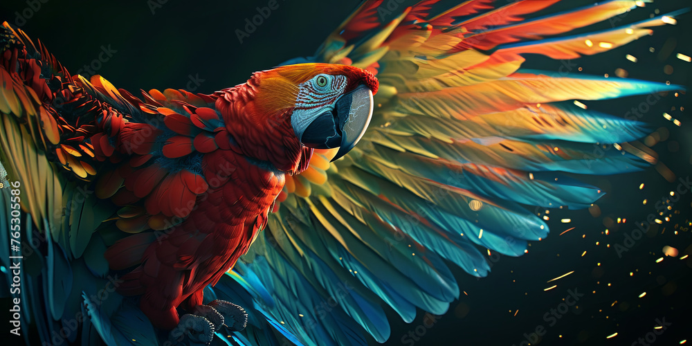 Wall mural beautiful parrot with golden, blue and red feathers, generative AI