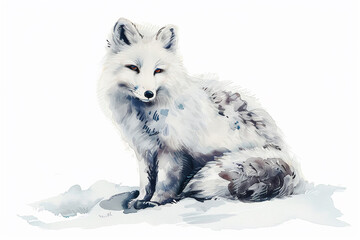 A Arctic fox cute hand draw watercolor white background. Cute animal vocabulary for kindergarten...