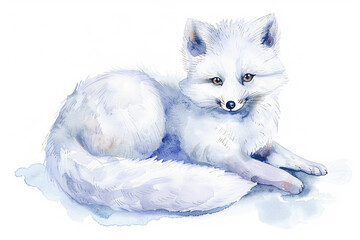 A Arctic fox cute hand draw watercolor white background. Cute animal vocabulary for kindergarten...