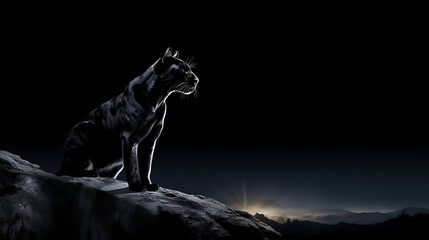 Majestic Black Panther Silhouetted Against Moonlit Night Sky, Exuding Power and Grace in the Enchanting Glow of the Moon's Radiance