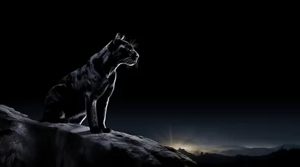 Foto op Plexiglas Majestic Black Panther Silhouetted Against Moonlit Night Sky, Exuding Power and Grace in the Enchanting Glow of the Moon's Radiance © Being Imaginative