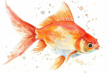 A Common goldfish cute hand draw watercolor white background. Cute animal vocabulary for...