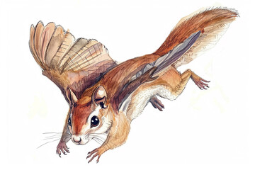 A Flying squirrel cute hand draw watercolor white background. Cute animal vocabulary for kindergarten children.