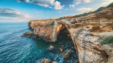 A rugged coastline with sea caves carved into towering cliffs, hidden gems of the shoreline