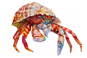 A Hermit Crab cute hand draw watercolor white background. Cute animal vocabulary for kindergarten...