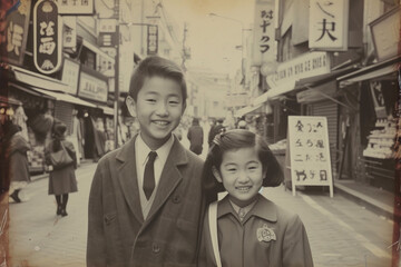 架空の昭和時代／商店街と兄妹　In the fictional old Showa era, the town of Ginza and the fashionable boys and girls. nostalgic old photos - obrazy, fototapety, plakaty