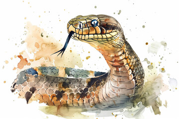 A King Cobra cute hand draw watercolor white background. Cute animal vocabulary for kindergarten...