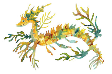 A Leafy sea dragon cute hand draw watercolor white background. Cute animal vocabulary for kindergarten children.