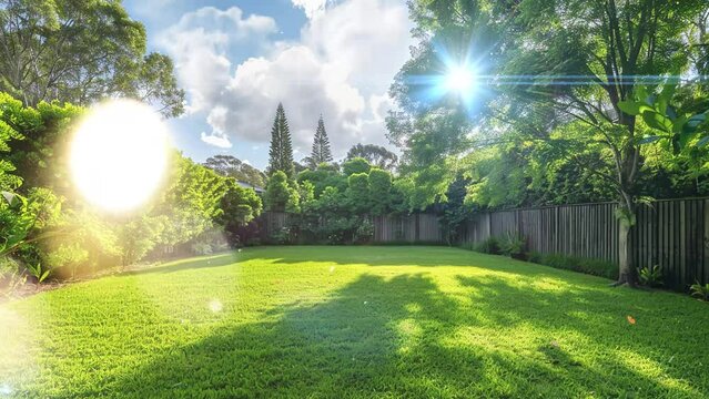green large fenced backyard with trees. seamless looping overlay 4k virtual video animation background
