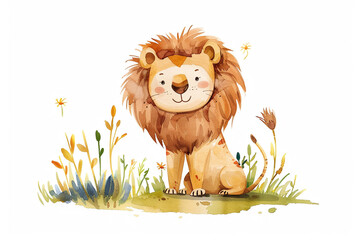 A Lion cute hand draw watercolor white background. Cute animal vocabulary for kindergarten children concept.