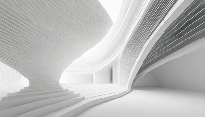 minimal geometric shapes and futuristic technology concept in a modern architectural interior design with a building on an abstract white background with wave lines