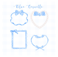 set of Trendy Blue Coquette frame with ribbon bow Watercolor hand painting soft pastel