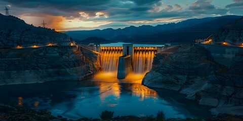 Nighttime photo of hydroelectric dam with illuminated turbines showcasing continuous clean energy generation. Concept Clean Energy, Night Photography, Hydroelectric Power, Illuminated Turbines - obrazy, fototapety, plakaty