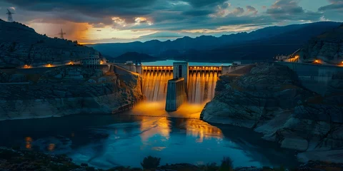 Poster Nighttime photo of hydroelectric dam with illuminated turbines showcasing continuous clean energy generation. Concept Clean Energy, Night Photography, Hydroelectric Power, Illuminated Turbines © Ян Заболотний