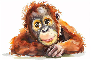 A Orangutan cute hand draw watercolor white background. Cute animal vocabulary for kindergarten...