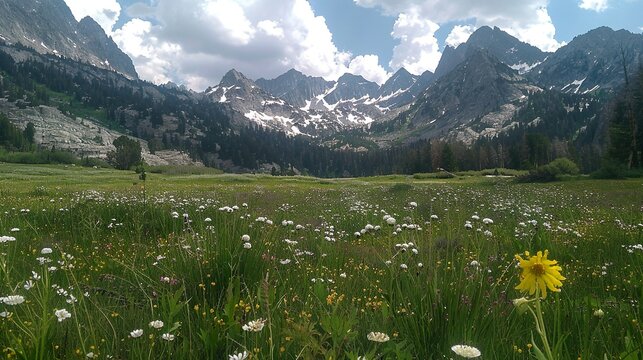 A serene alpine meadow dotted with wildflowers, framed by towering mountain peaks