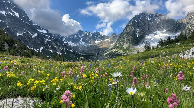 A serene alpine meadow dotted with wildflowers, framed by towering mountain peaks