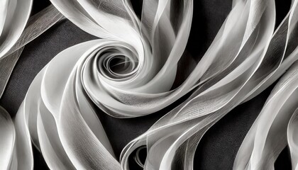 a seamless abstract white and black texture background featuring elegant swirling curves in a wave pattern set against a black fabric material background