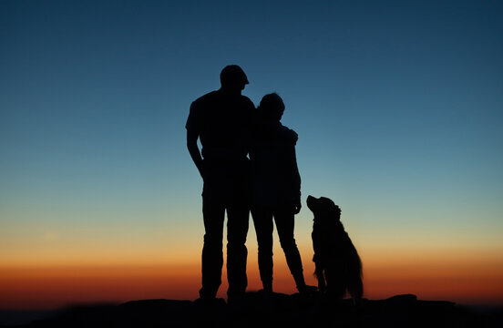 silhouette of a family with their dog during a summer sunset