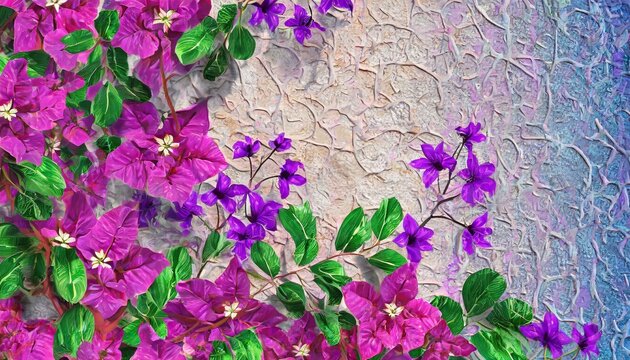 vibrant tropical floral pattern background with pink bougainvillea and purple violets on a 3d stucco wall