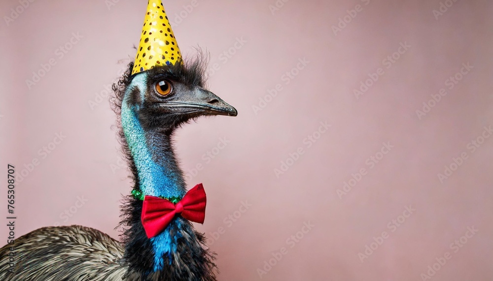 Wall mural emu bird in party attire colorful cone hat necklace and bowtie on pastel background with copy space creative animal concept for birthday party invite - Wall murals