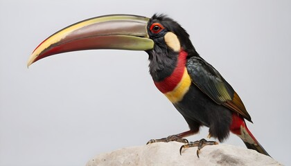 Profile of a Pale Mandibled Aracari perched on a rock, Pteroglossus Erythropygius, isolated on white