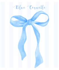Küchenrückwand glas motiv Trendy Blue Coquette ribbon bow Watercolor hand painting soft pastel © Natsicha