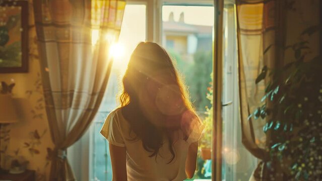 young woman opening window in living room. seamless looping overlay 4k virtual video animation background