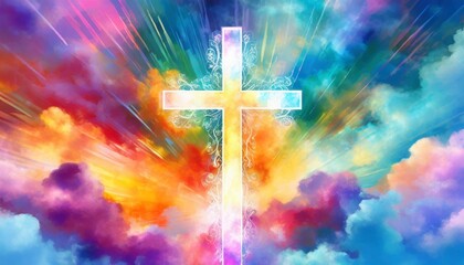 jesus cross symbol on colorful clouds background colorful clouds background with christian cross in the middle christian religion cross on spiritual background