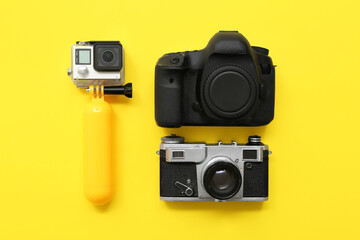Fototapeta premium Set of modern gadgets on yellow background