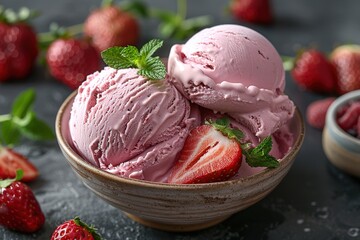 Strawberry ice cream in white bowl close up