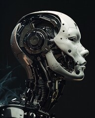 Photo of an AI robot head with black background, looking up and down to the right, in a black studio - obrazy, fototapety, plakaty