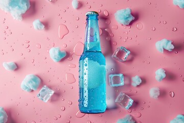A bottle of light blue beer surrounded by ice cubes floating in the air, on a pink background, for product photography, with bright colors and high saturation