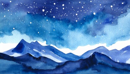 watercolor night sky in blue colors with mountains background