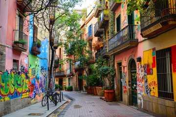 Fototapeta na wymiar Channel bohemian vibes in the artistic streets of Barcelona.