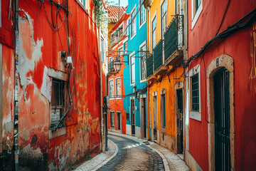 Channel bohemian vibes in the colorful streets of Lisbon. - obrazy, fototapety, plakaty