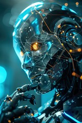 A futuristic robot with glowing eyes and metallic skin is pointing at digital connections on its head in an office setting, representing AI technology 