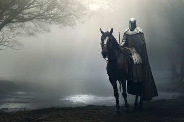  In a Multiverse of fog and digital wonders a knight seeks the Cross - obrazy, fototapety, plakaty