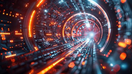 Fototapeta premium A maze of twisted cables and wires leading to a glowing data core at the center