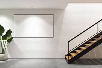 3d rendering interior of stairway entrance with plant and frame mock up. White brick wall background. Set 3