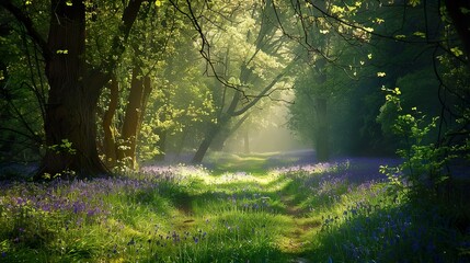 Fototapeta na wymiar A serene woodland glade carpeted with bluebells, illuminated by dappled sunlight
