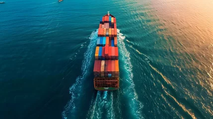 Foto auf Acrylglas Aerial view container cargo ship, import export commerce business trade logistic and transportation of International by container cargo ship boat in the open sea, Freight shipping maritime. © Lucky Ai