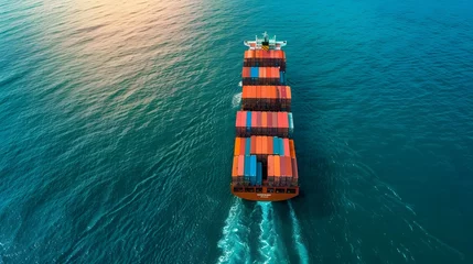 Wandaufkleber Aerial view container cargo ship, import export commerce business trade logistic and transportation of International by container cargo ship boat in the open sea, Freight shipping maritime. © Lucky Ai