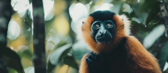 Portrait of a Yellow Cheeked Gibbon monkey in the forest