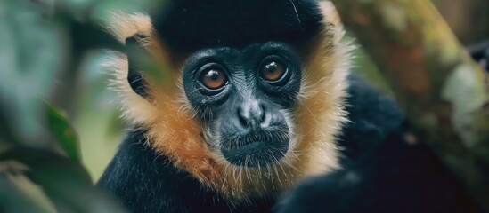 Naklejka premium Portrait of a Yellow Cheeked Gibbon monkey in the forest