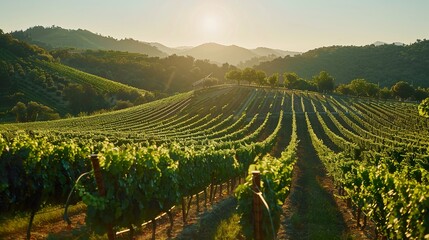 A sun-drenched vineyard with rows of grapevines stretching across sloping hillsides - obrazy, fototapety, plakaty