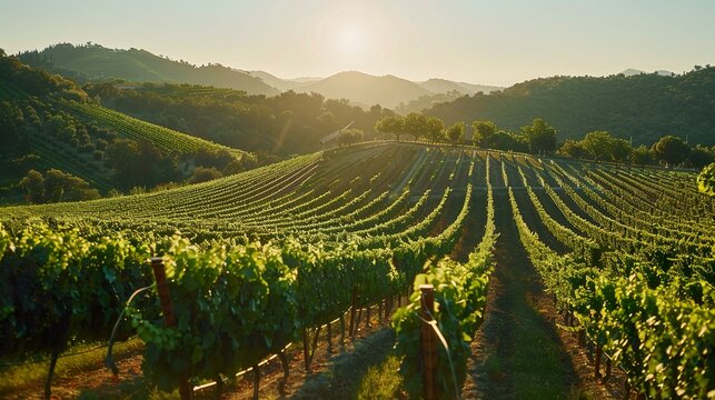 A sun-drenched vineyard with rows of grapevines stretching across sloping hillsides