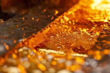 A detailed view of a golden bar softening and melting in a furnace