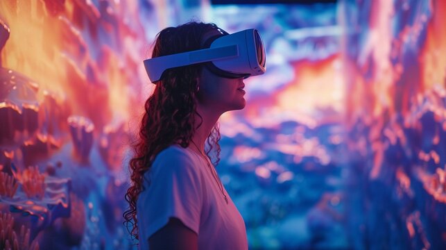 the essence of a virtual reality ecosystem curated solely by AI Merge elements of artificial intelligence, digital landscapes, and human interaction to create a captivating visual narrative 