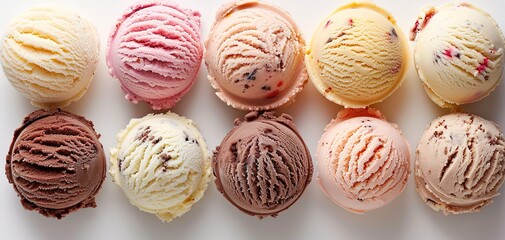 Variety of ice cream scoops in cones with chocolate, vanilla and strawberry